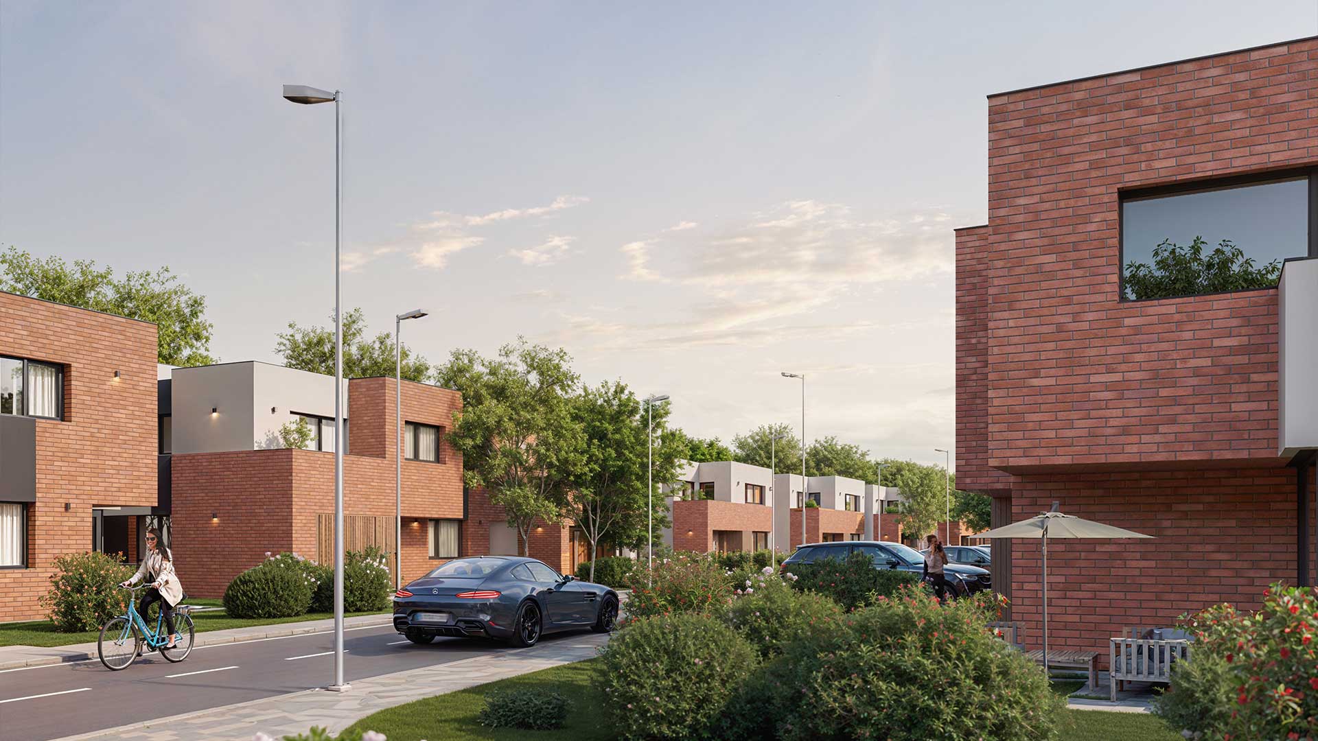 Shtëpitë moderne dhe hapësirat e gjelbra të komunitetit Cherry Plaza